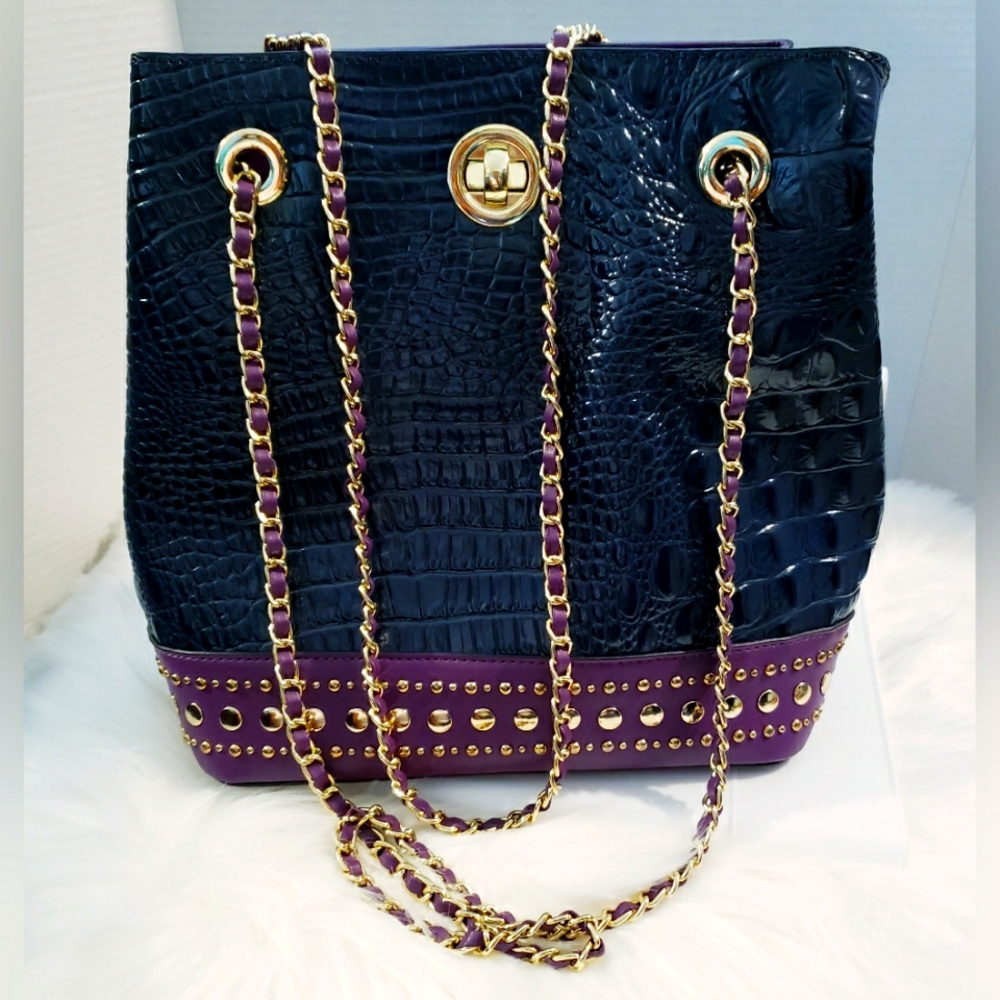 M.C. Marc Chantal Bucket Shoulder Bag Navy/Purple Croc-Embossed Purse